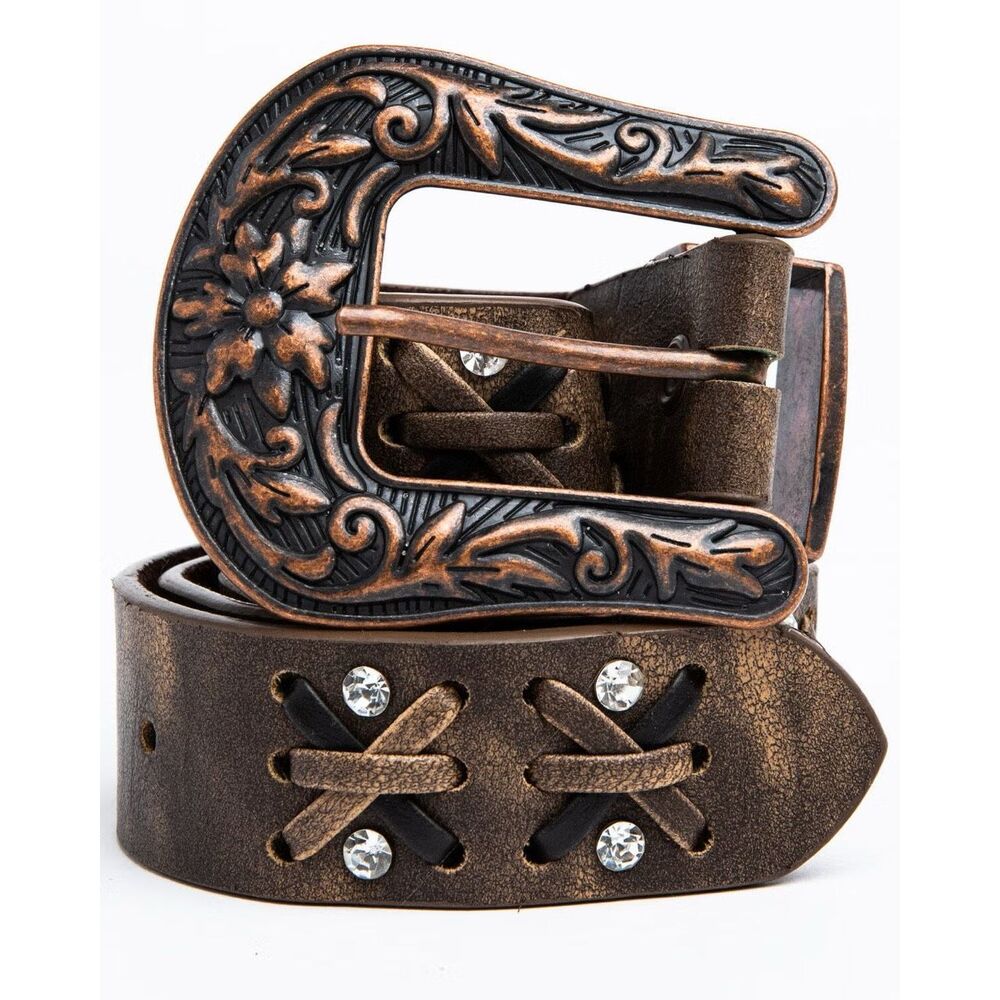 Nomad Western Leather Criss Cross Studded Belt Floral Buckle Brown Medium NEW